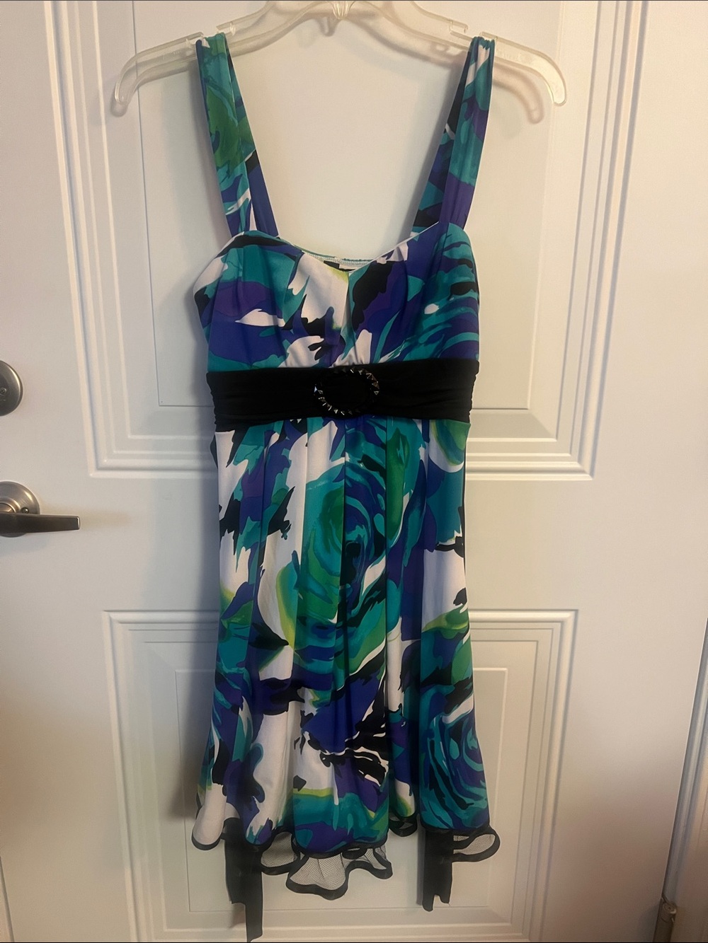 City Triangles Blue, Green & White Floral Midi Dress with Black Waistband